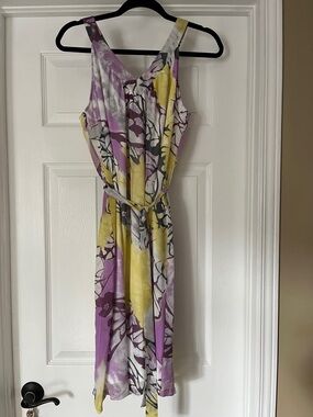 Yellow & Lavender Floral Midi Dress with Belt, Size M